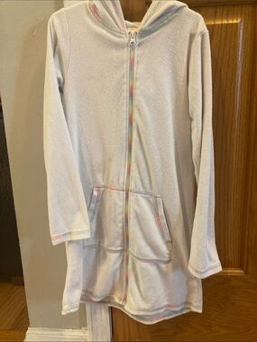 Kids White Hooded Zipper Pajama Robe with Rainbow Trim